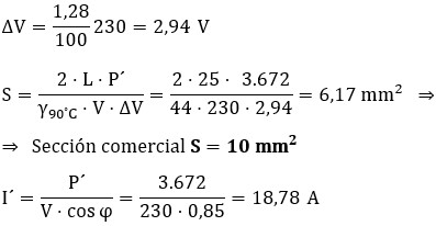 Cálculo de la sección en función de la caída de tensión en alumbrado L3