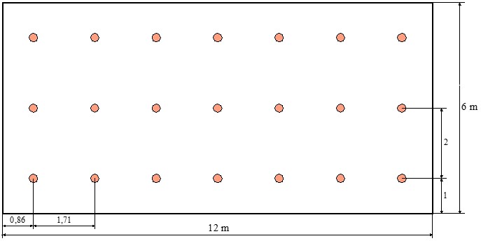 Ejercicio 5: Cálculo de alumbrado interior. Imagen de la distribución de las luminarias sobre el plano en planta