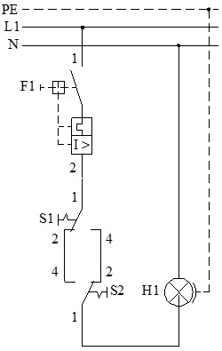 Esquema multifilar de un punto de luz conmutada simple o con 2 conmutadores