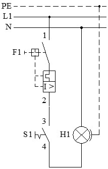 Esquema multifilar de un punto de luz simple o punto de luz con interruptor