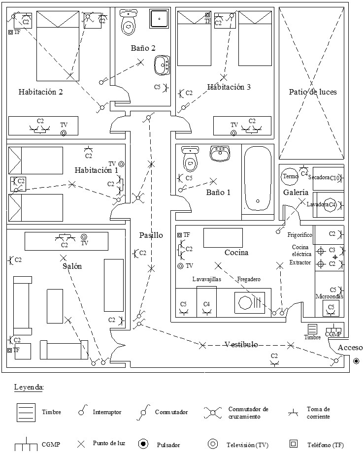 Esquema de distribución en planta o topográfico de una vivienda con la leyenda correspondiente