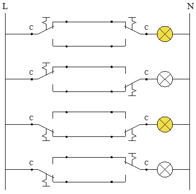 Combinaciones de las diferentes posiciones de los 2 conmutadores en el esquema del punto de luz conmutado