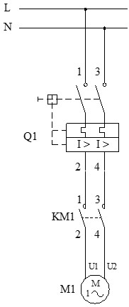 Esquema ejemplo de un circuito de fuerza o de potencia en esquema de contactores