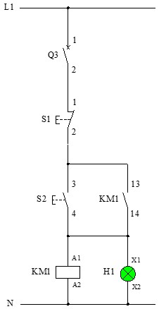 Esquema de ejemplo de circuito de mando de un contactor trifásico tetrapolar