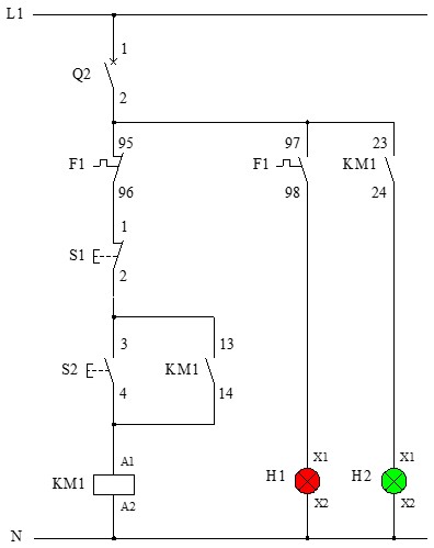 Esquema de ejemplo de circuito de mando de un contactor trifásico tripolar