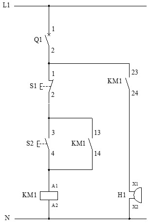 Esquema ejemplo de circuito de mando con zumbador activado con contacto auxiliar normalmente abierto (NA)