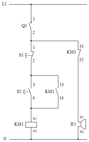 Esquema ejemplo de circuito de mando con zumbador activado con contacto auxiliar normalmente cerrado (NC)