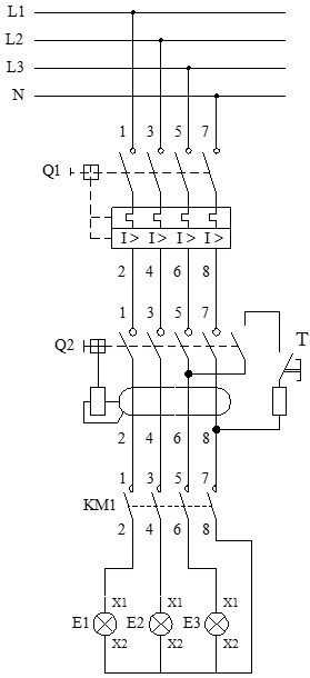 Esquema de ejemplo de circuito de potencia de un contactor trifásico tetrapolar