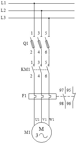 Esquema de ejemplo de circuito de potencia de un contactor trifásico tripolar