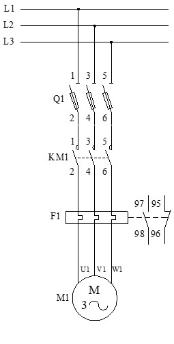 Esquema de ejemplo del circuito de potencia con relé térmico