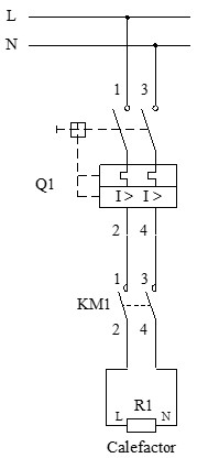 Esquema ejemplo del circuito de potencia de un calefactor con un termostato para controlar la temperatura del ambiente