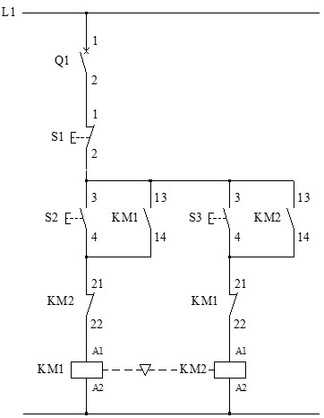 Esquema de enclavamiento mecánico entre 2 contactores