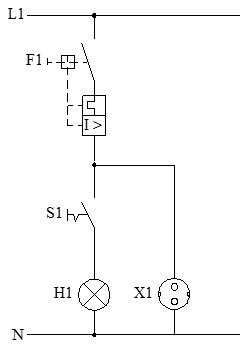 Esquema funcional de enchufe y punto de luz simple con interruptor