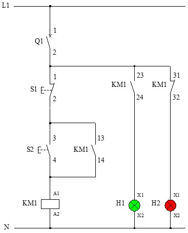 Esquema de conexión de pilotos de señalización en serie con contactos auxiliares del contactor