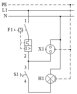 Esquema multifilar de enchufe y punto de luz simple con interruptor