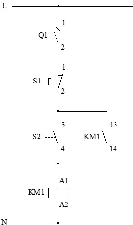 Esquema realimentación (autoalimentación) y desconexión (paro) de un contactor