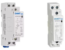 Imagen de un relé electromagnético con 2 contactos de salida y de un contactor auxiliar monofásico