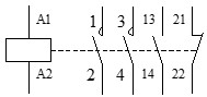 Símbolo del contactor monofásico de 2 contactos principales y 2 auxiliares (NA y NC)