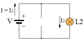 Esquema de un circuito en paralelo con 2 lámparas con fallo de una de las lámparas