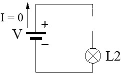 Esquema de un circuito en serie con 2 lámparas con fallo de una de las lámparas