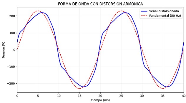Gráfica de las ondas con TDHV del 16,25 en porcentaje en osciloscopio