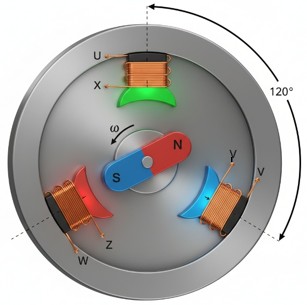 Alternador genérico, trifásico elemental de 1 par de polos
