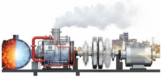 Central térmica, vapor a alta velocidad hacia turbina