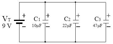 Circuito ejemplo de cálculo de 3 condensadores en paralelo