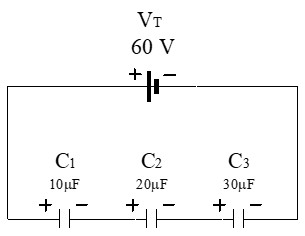 Circuito ejemplo del cálculo de 3 condensadores en serie
