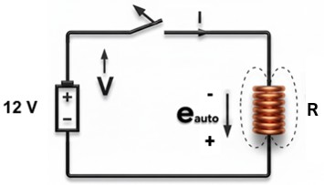 Descarga de la bobina en corriente continua, apertura del interruptor