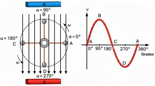 Generación de la onda senoidal, rotación de una bobina en el seno de un campo magnético