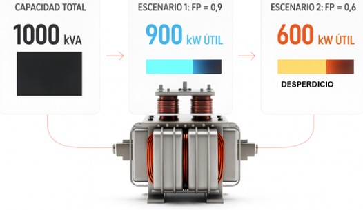 Reducción de la capacidad del transformador, bajo FP