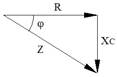 Triangulo de impedancias: resistencia y reactancia capacitiva de circuitos con receptores monofásicos en serie