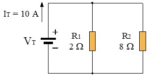 Ejemplo 5, circuito divisor de corriente, cálculo de las 2 resistencias paralelo