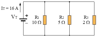 Ejemplo 6, circuito divisor de corriente, cálculo de 3 resistencias en paralelo