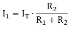 Fórmula de la corriente en resistencia 1, para divisor de corriente con 2 resistencias en paralelo