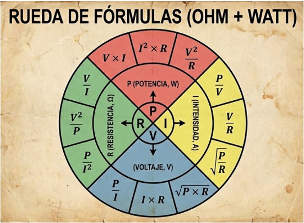 Rueda de fórmulas de la Ley de Ohm y de la Potencia