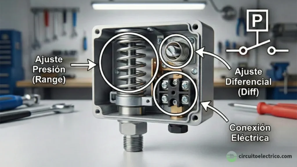 Vista interna de un presostato o interruptor de presión. Se destacan los componentes clave: el muelle grande para el "Ajuste Presión (Range)", el muelle pequeño para el "Ajuste Diferencial (Diff)" y los bornes de "Conexión Eléctrica", junto a su símbolo normalizado IEC