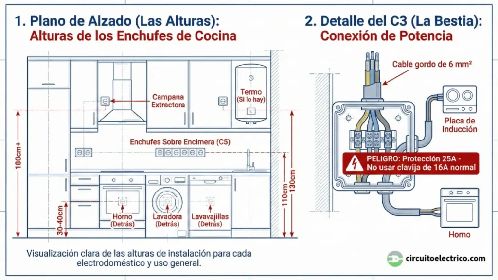 Guía de instalación eléctrica en cocina. Izquierda: Plano de alzado con alturas estándar para tomas de lavadora/horno (30-40cm), encimera (110cm) y campana (180cm+). Derecha: Detalle de conexión del Circuito C3 mostrando cable de 6mm² y regleta de 25A para horno y vitrocerámica