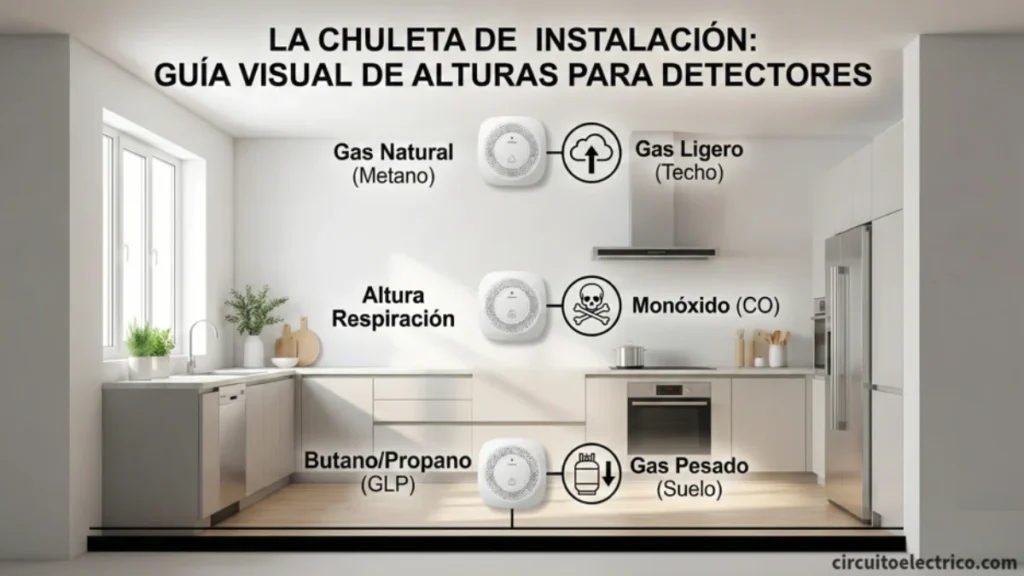Guía visual de alturas de instalación para detectores de gas en una cocina. Muestra el detector de Gas Natural en el techo (gas ligero), el de Monóxido (CO) a altura de respiración y el de Butano/Propano en el suelo (gas pesado)