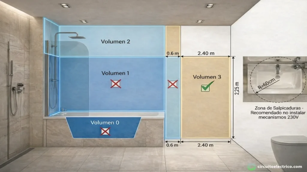 Esquema de seguridad eléctrica en cuartos de baño según REBT. Ilustra los volúmenes de prohibición (0, 1, 2) en tonos azules donde no se permiten enchufes, y el Volumen 3 en beige donde sí se permiten. Incluye detalle de la zona de salpicaduras de 60cm alrededor del lavabo