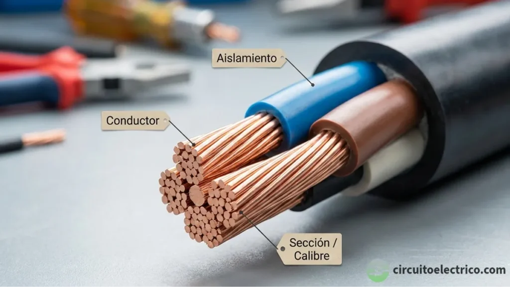 Primer plano de la estructura interna de un cable eléctrico con etiquetas que señalan sus partes: el aislamiento, el conductor de cobre trenzado y la sección o calibre
