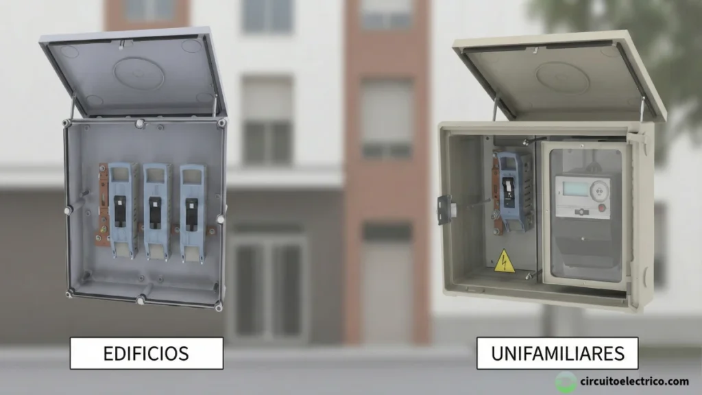 Comparativa de cajas de acometida eléctrica en fachada. Izquierda: Caja General de Protección (CGP) con fusibles de cuchilla para edificios. Derecha: Caja de Protección y Medida (CPM) que integra fusibles y contador digital para viviendas