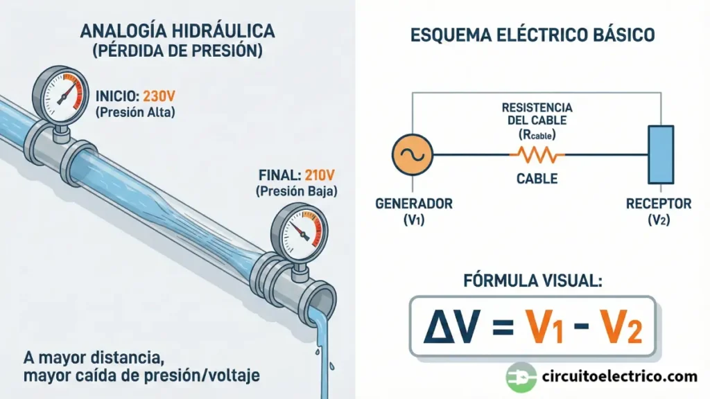 Infografía explicativa de la caída de tensión eléctrica. Izquierda: Analogía hidráulica comparando la pérdida de presión de agua (de 230V a 210V) en una tubería larga con la pérdida de voltaje. Derecha: Esquema eléctrico equivalente mostrando la resistencia del cable como causante de la diferencia de potencial (ΔV) entre generador y receptor