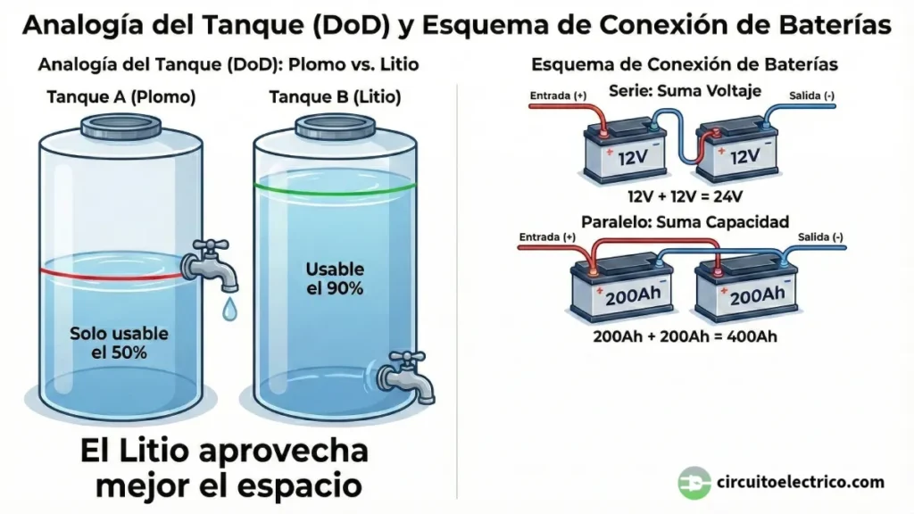 Infografía sobre baterías solares. Izquierda: Analogía de tanques de agua comparando la capacidad usable (DoD) del plomo (50%) frente al litio (90%). Derecha: Esquemas de conexión de baterías en serie para sumar voltaje (24V) y en paralelo para sumar capacidad (400Ah)