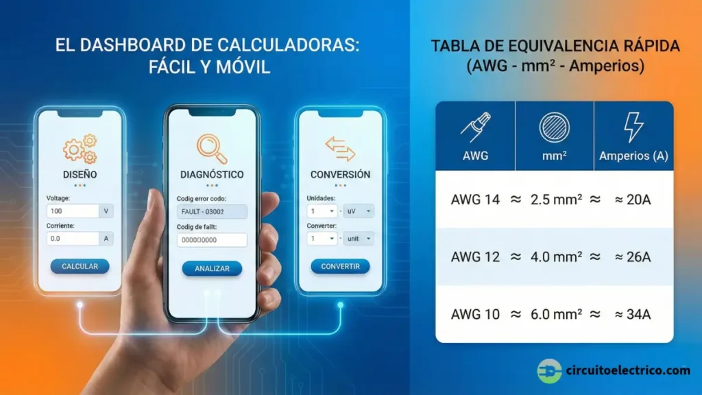 Interfaz de aplicación móvil mostrando herramientas de cálculo eléctrico: Diseño, Diagnóstico y Conversión. A la derecha, tabla de equivalencia rápida entre calibres americanos AWG (14, 12, 10), sección europea en mm² (2.5, 4.0, 6.0) y su amperaje aproximado