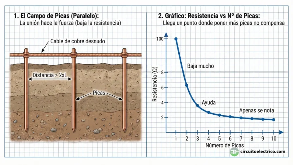 Infografía explicativa sobre campos de picas de toma de tierra en paralelo. A la izquierda, esquema de 3 picas conectadas por un cable de cobre desnudo, indicando una separación mínima de más del doble de su longitud. A la derecha, gráfico cartesiano que muestra cómo la resistencia cae al añadir más picas, evidenciando un rendimiento decreciente donde clavar demasiadas picas apenas mejora el resultado