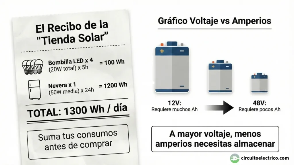 Infografía de dimensionamiento solar. Izquierda: un recibo suma el consumo diario de bombillas y nevera (1300 Wh/día). Derecha: un gráfico de baterías compara sistemas de 12V y 48V, mostrando que a mayor voltaje del sistema, menos capacidad en amperios (Ah) se requiere almacenar