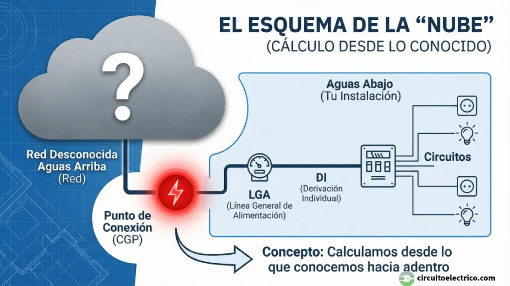 Esquema conceptual de límites en cálculo eléctrico conocido como "La Nube". Izquierda: Una nube gris con interrogante representa la red de distribución desconocida (Aguas Arriba). Centro: Punto de conexión rojo (CGP). Derecha: Esquema detallado de la instalación interior (Aguas Abajo) con LGA, Derivación Individual y Circuitos, indicando la zona de cálculo preciso