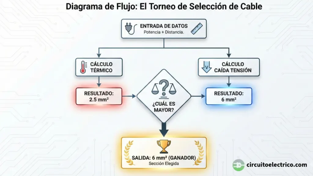Diagrama de flujo lógico para la selección de cable eléctrico. Muestra el proceso de decisión tipo "Torneo": se realizan dos cálculos paralelos (Térmico y Caída de Tensión). El sistema compara los resultados (ej: 2.5 mm² vs 6 mm²) y selecciona automáticamente el valor mayor (6 mm²) como la sección ganadora final